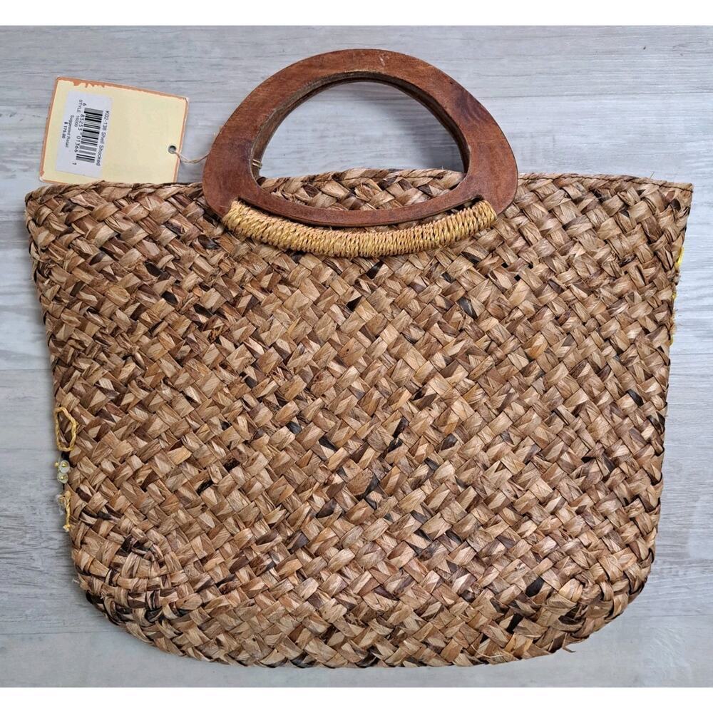 VTG Tommy Bahama Raffia Wooden Handbag Tote Embellished Beach Boho Sequin NWT - Picture 2 of 12